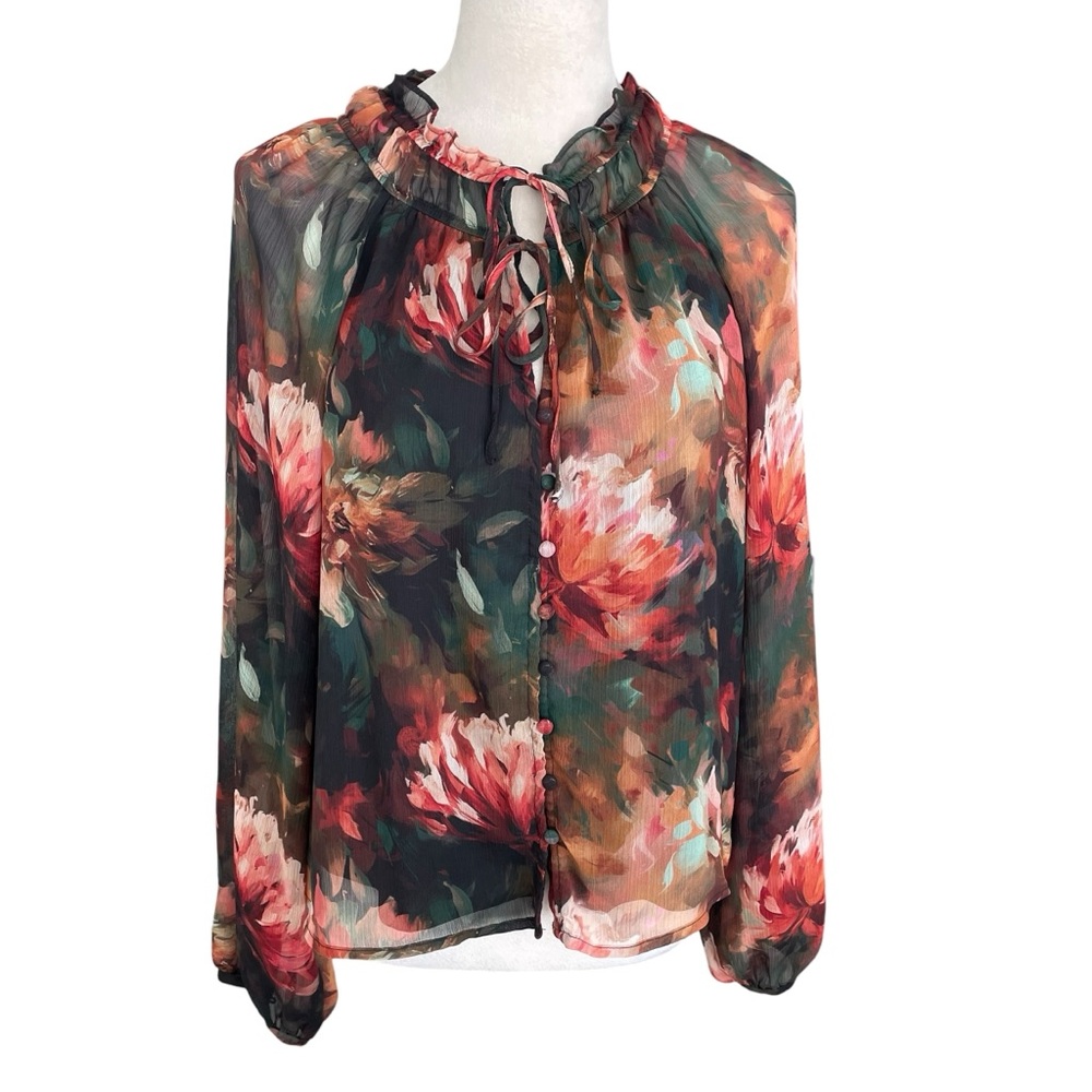 Haver & Blair London Floral Semi Sheer Top Women L Fairy Whimsy Dark Romantic‎